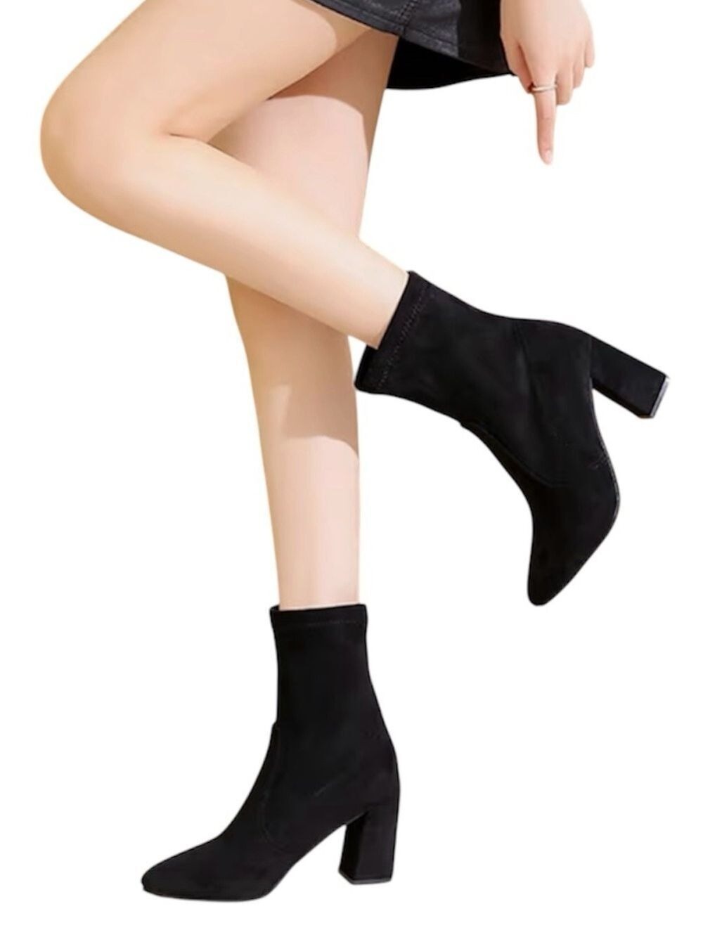 Black Suede Sock Bootie Pointed Toe Block Heel Ankle Boots -9.5